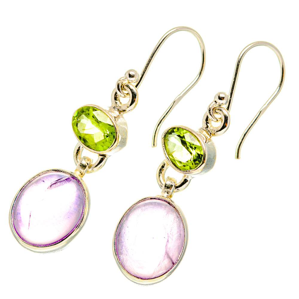 Gold-tone drop earrings with green peridot and lavender amethyst oval stones