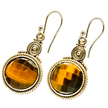 Sterling silver tiger eye drop earrings, round cabochon with beaded halo