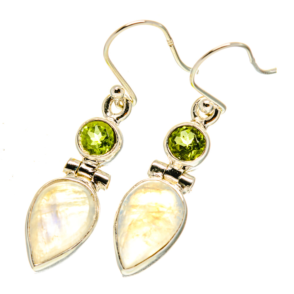 Gold-tone earrings with round peridot and teardrop moonstone drops