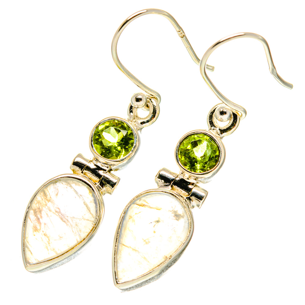 Peridot and rainbow moonstone drop earrings, 925 sterling silver hooks