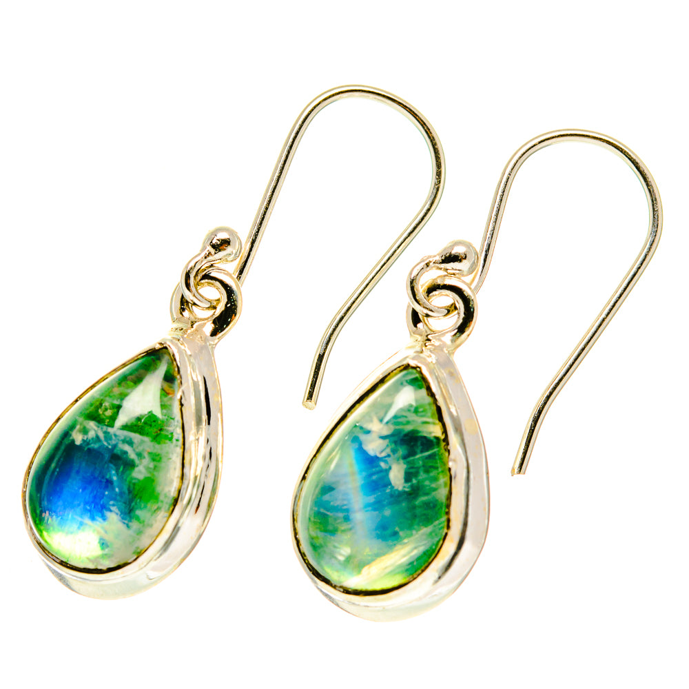 Teardrop moonstone earrings with green and blue iridescent stone, metal hooks