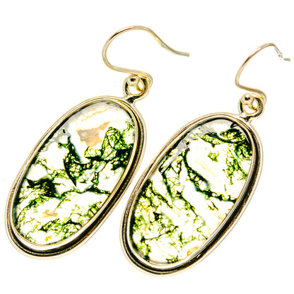 Green moss agate earrings, oval 925 sterling silver settings with hook backs