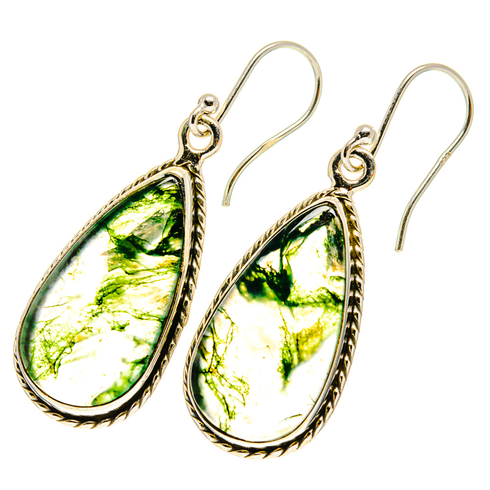 Moss agate drop earrings in 925 sterling silver, green teardrop cabochons