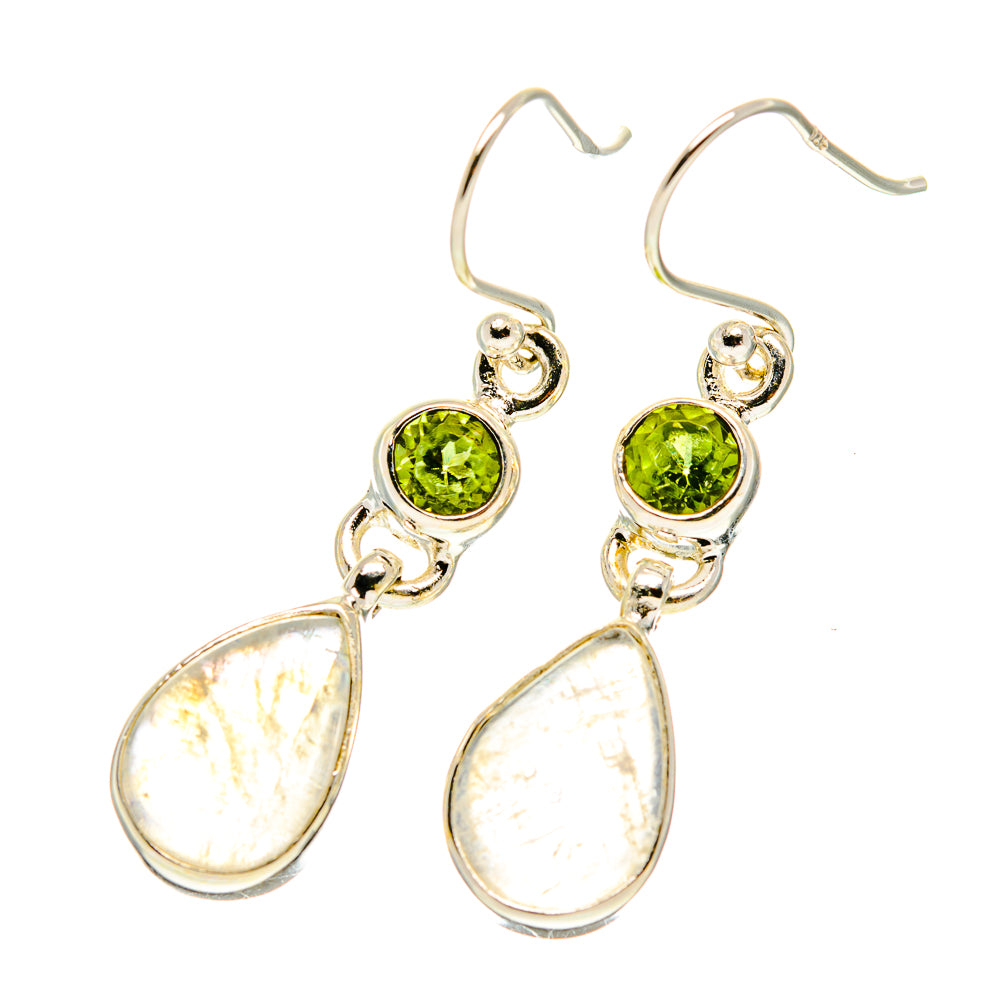 Sterling silver drop earrings with round peridot green stone and teardrop opal moonstone