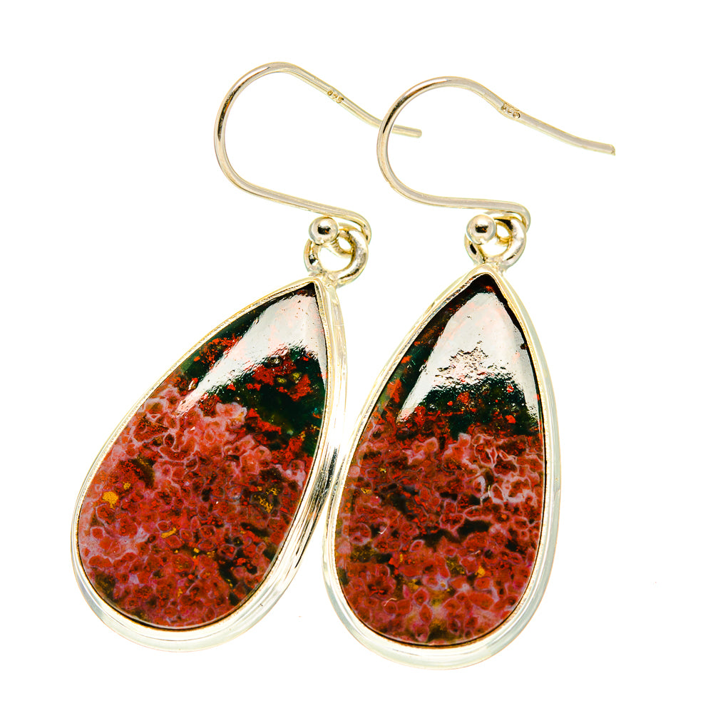 Teardrop bloodstone earrings with red-green stone teardrops and metal hooks