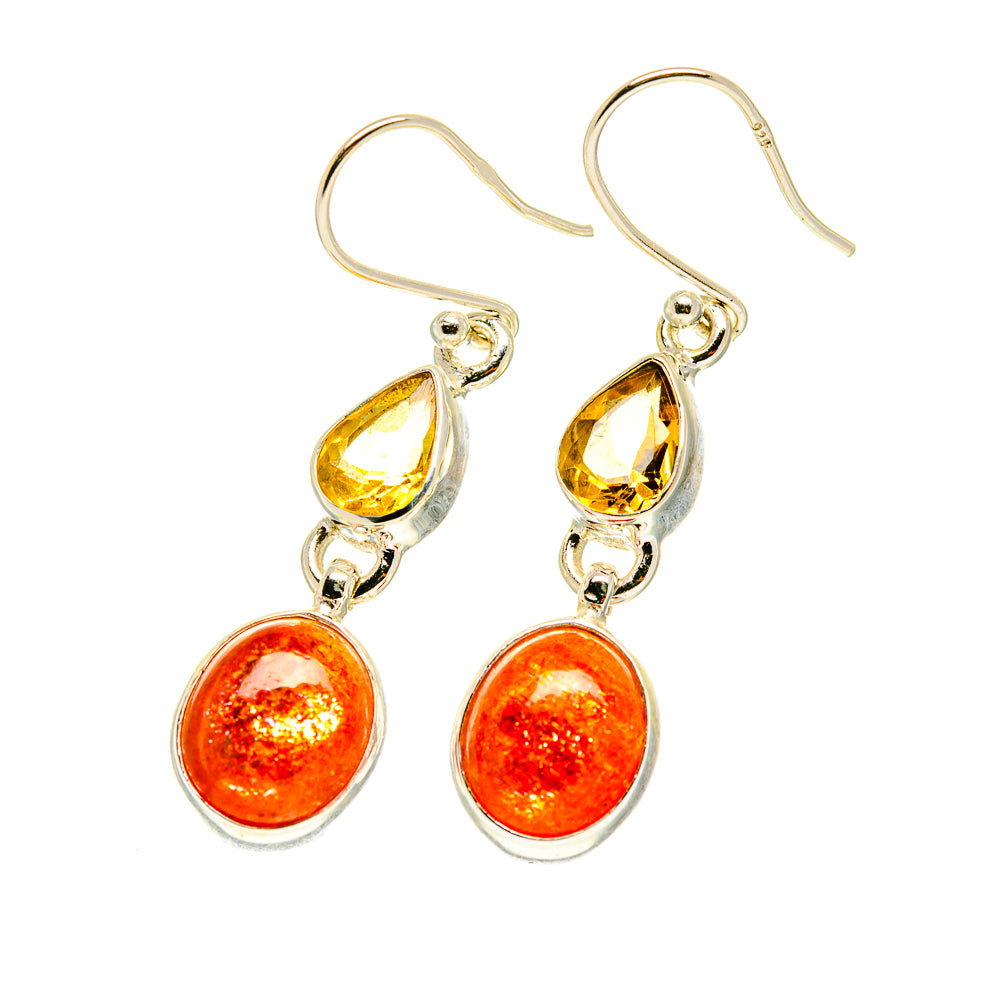 Citrine and sunstone drop earrings with yellow teardrop stones and amber round stones, gold tone