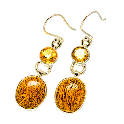 Yellow citrine and oval palm jasper drop earrings with silver hooks, swirled pattern
