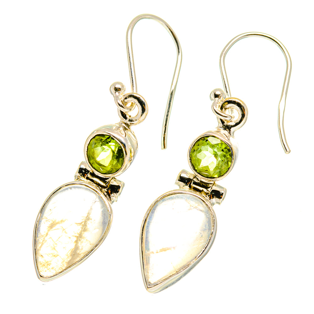 Sterling silver drop earrings with peridot green round stones and pear-shaped opalescent moonstone