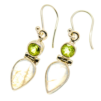 Sterling silver drop earrings with peridot green round stones and pear-shaped opalescent moonstone