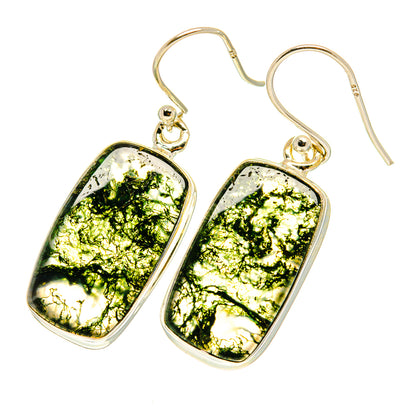 Green moss agate drop earrings with silver fishhook ear wires, rounded teardrop stones