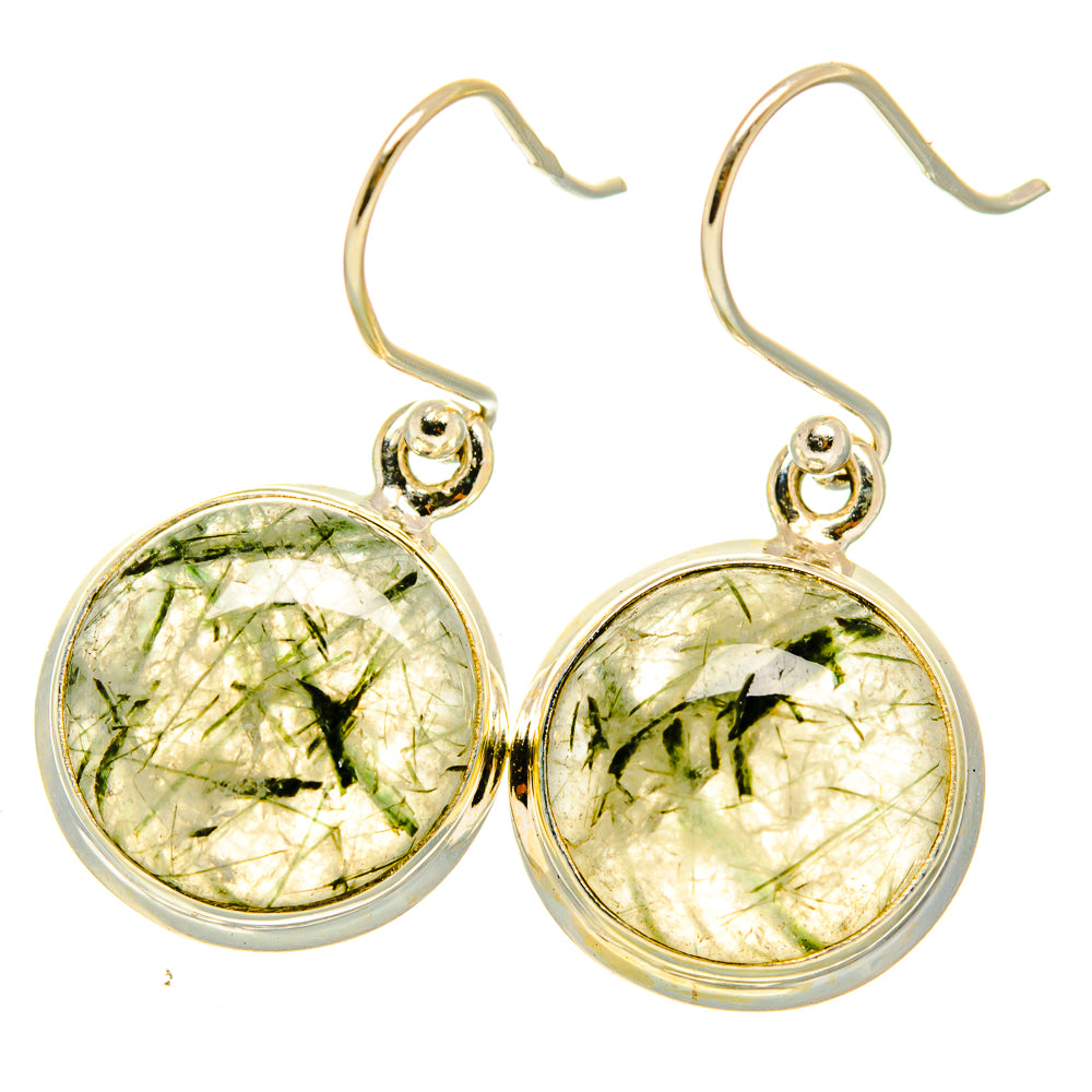Tourmalinated quartz drop earrings with round green veined stones and metal hooks