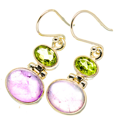 Amethyst and Peridot drop earrings with oval purple and lime green stones on silver hooks