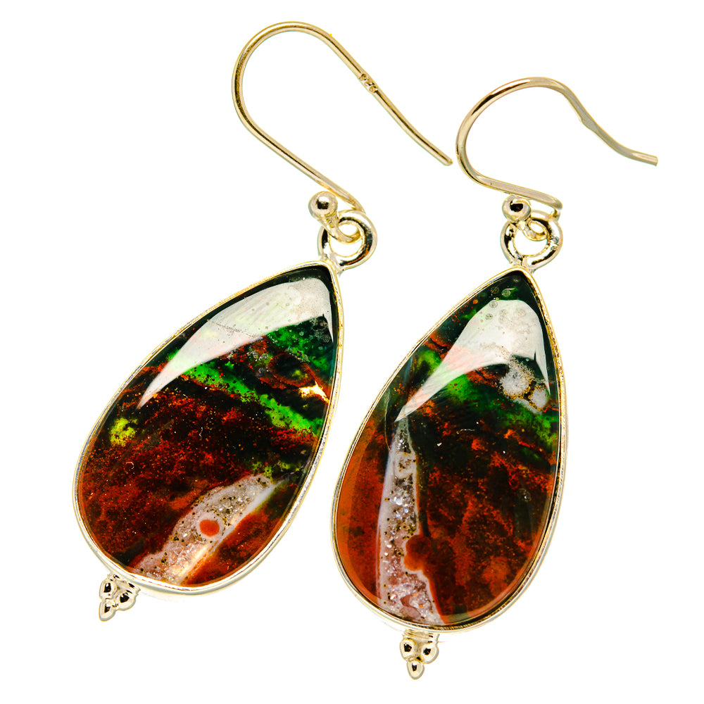 Bloodstone teardrop earrings with metal fishhook backs and red-green stones