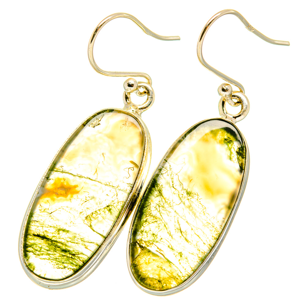 Oval green moss agate drop earrings with 925 sterling silver hooks