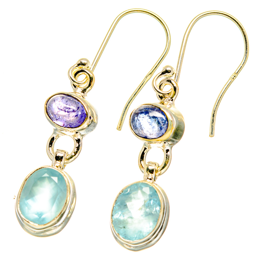 Gold-tone drop earrings with blue and purple oval stones, dangle links, fishhook backs