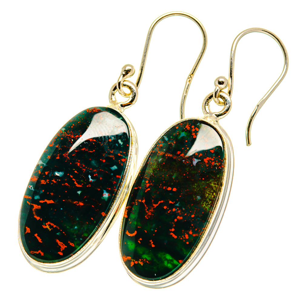 Oval bloodstone drop earrings in 925 sterling silver, dark green with red speckle