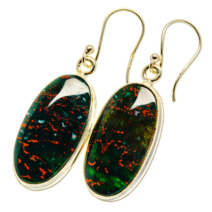 Oval bloodstone drop earrings in 925 sterling silver, dark green with red speckle