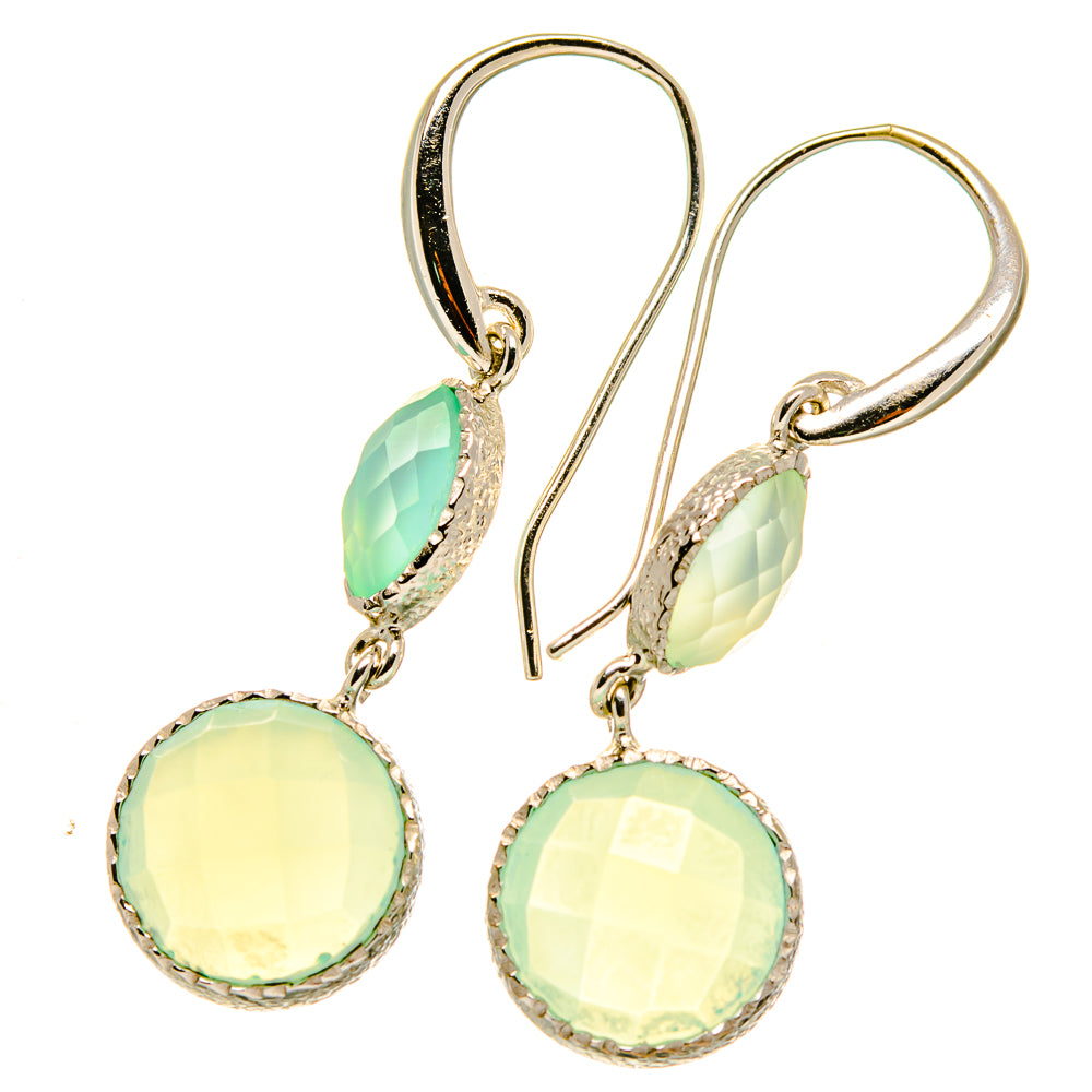 Sterling silver aqua chalcedony drop earrings with round green stones and teardrop accents