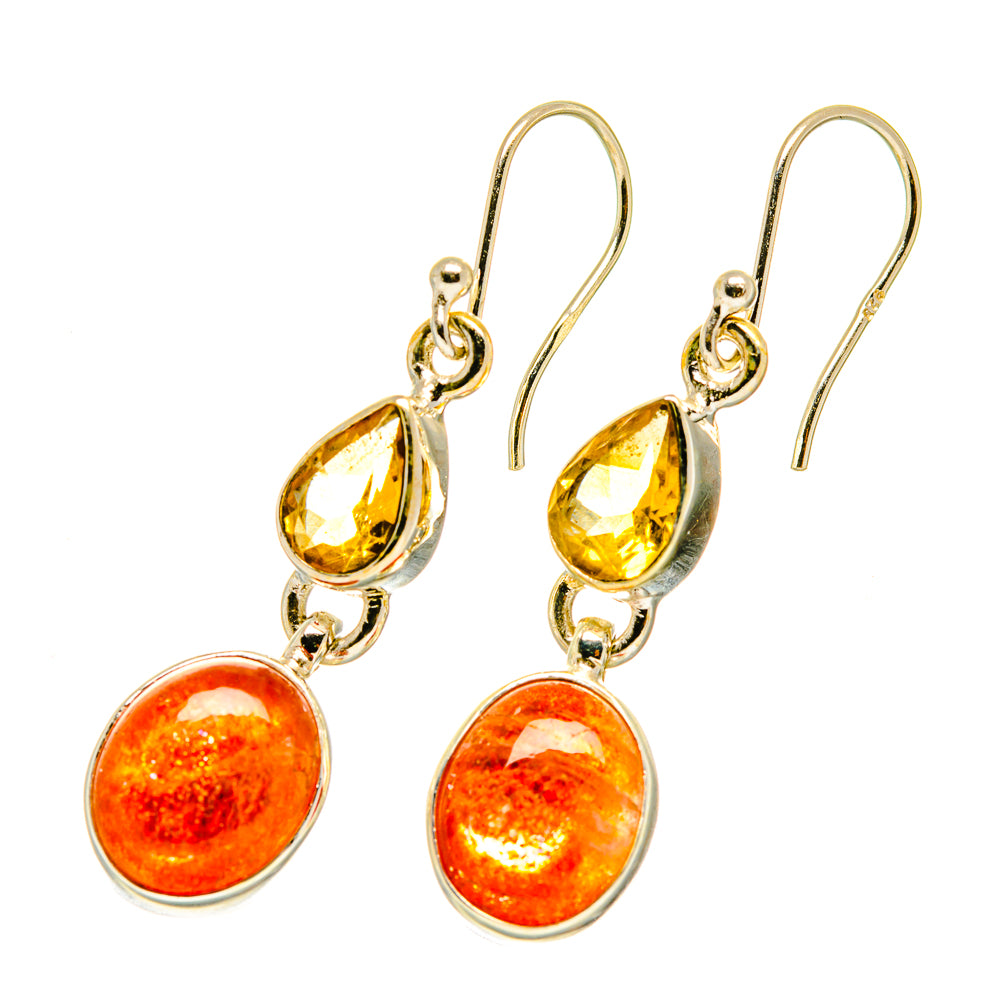 Gold-tone drop earrings with yellow teardrop and orange round gemstones, lever hooks.