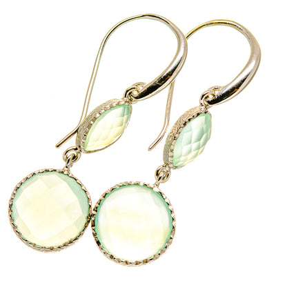 Aqua chalcedony earrings with teardrop dangles and round stones, sterling silver hooks