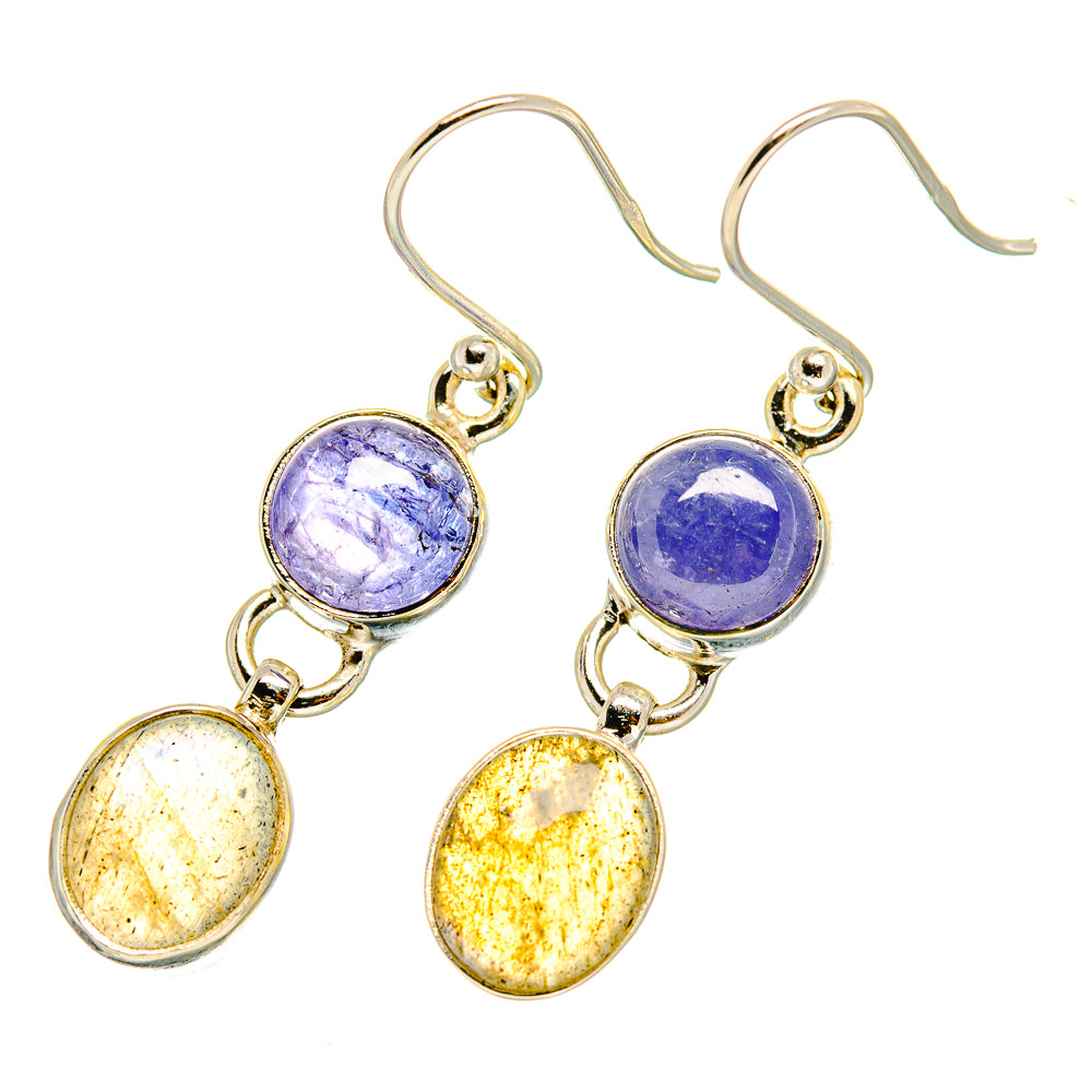 Sterling silver dangle earrings with purple round top stones and yellow oval bottom stones