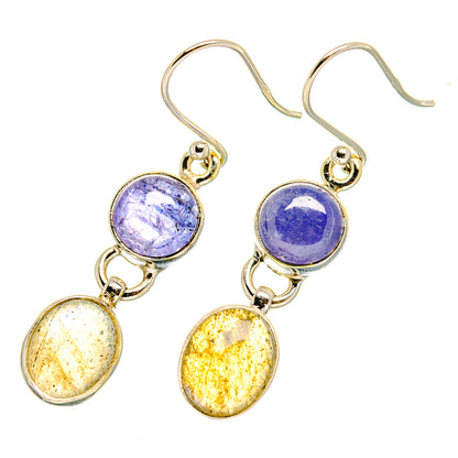 Sterling silver dangle earrings with purple round top stones and yellow oval bottom stones