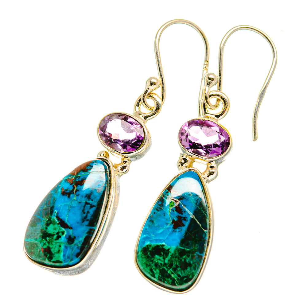 Gold-tone drop earrings with amethyst and chrysocolla teardrop stones on fishhook backs