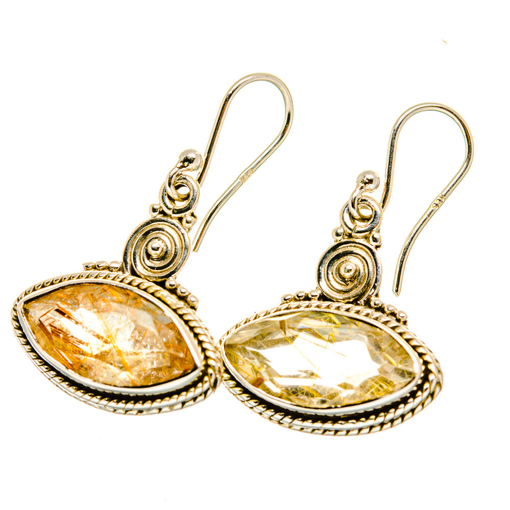 Pair of oval faceted citrine drop earrings in sterling silver, lever hooks, ornate frames