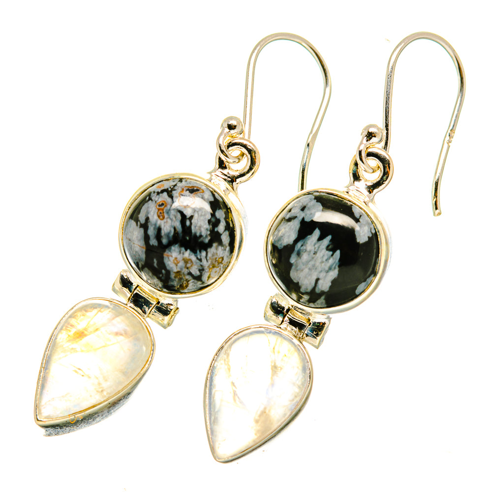 Snowflake Obsidian, Rainbow Moonstone Earrings handcrafted by Ana Silver Co - EARR417691
