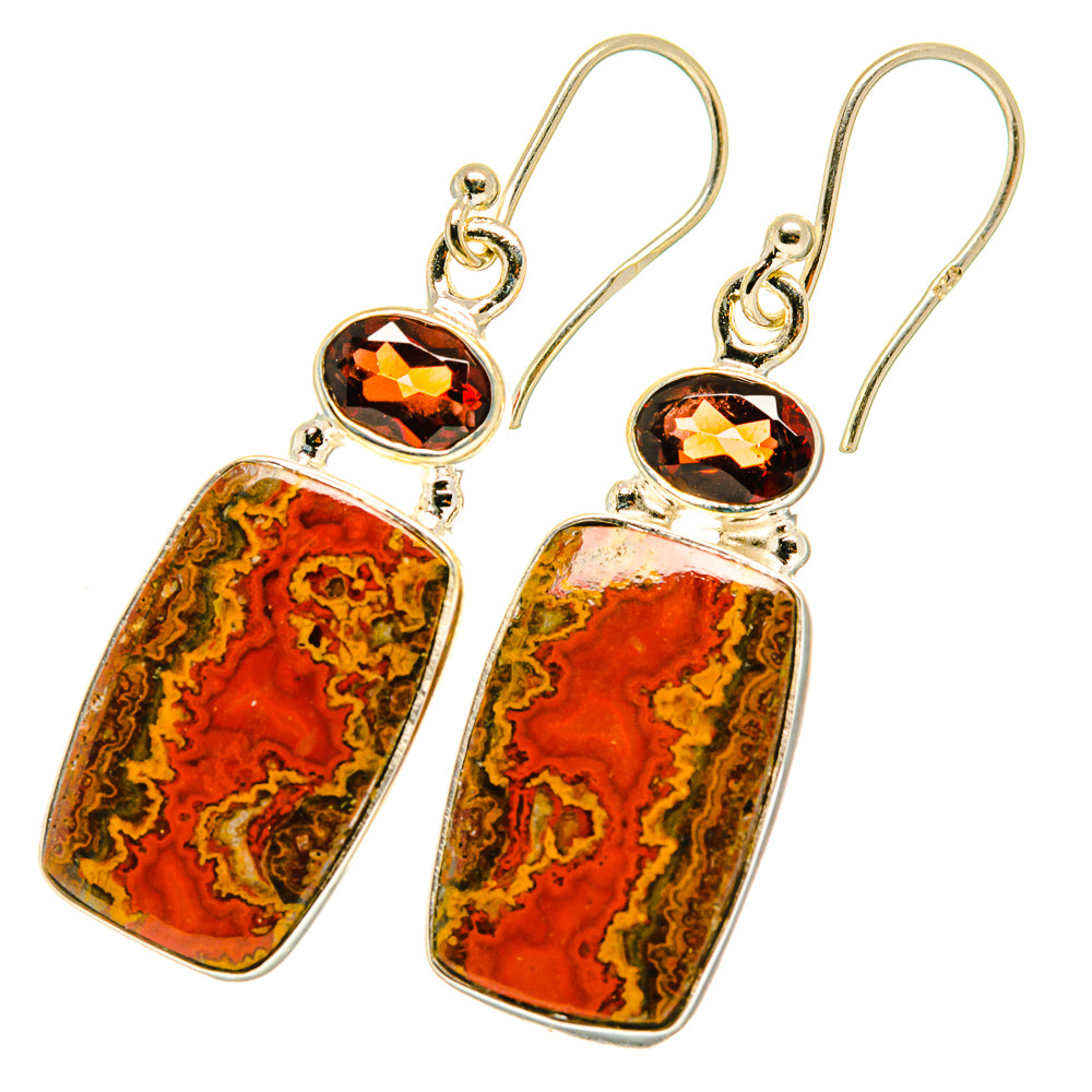 925 sterling silver drop earrings with red-orange agate slabs and dark red round stones
