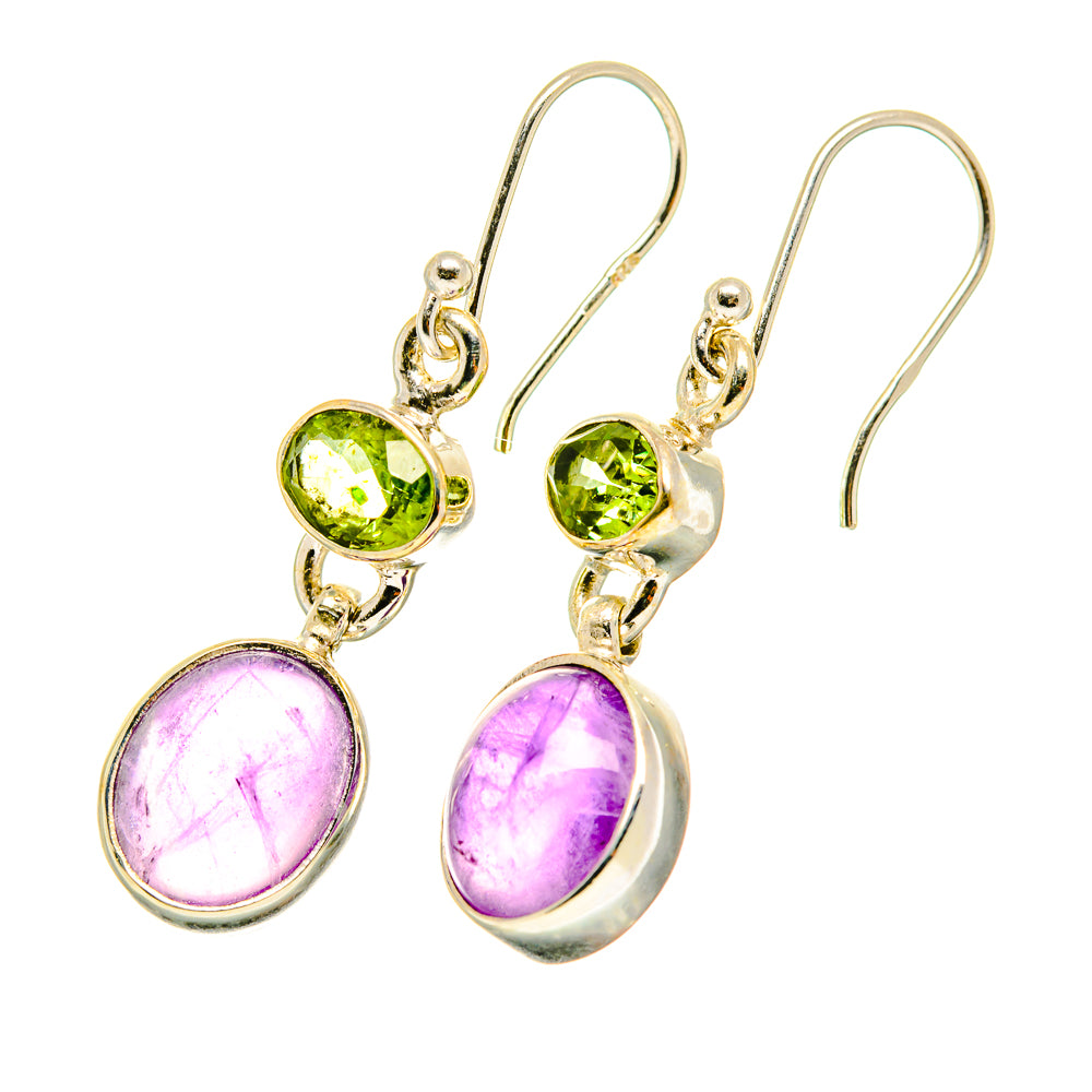 Gold-tone drop earrings with green peridot and purple amethyst oval stones