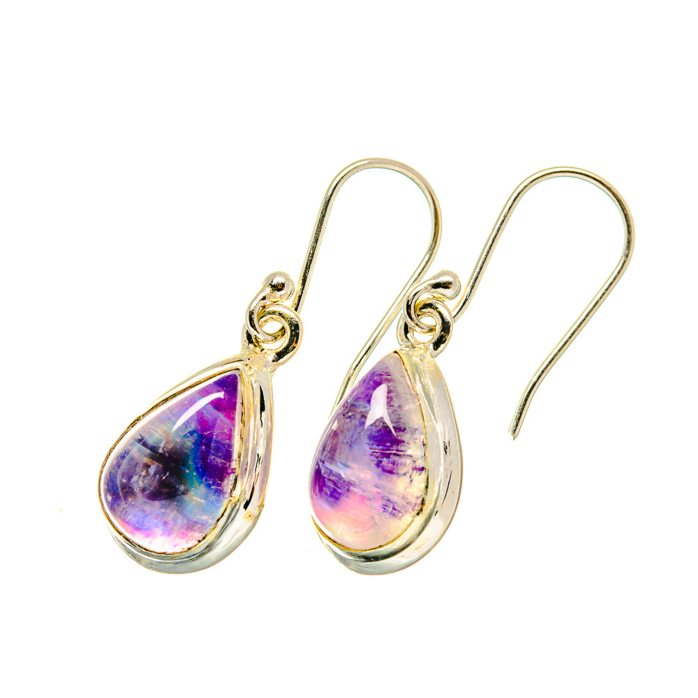 Teardrop moonstone earrings with purple iridescent stone and sterling silver hooks