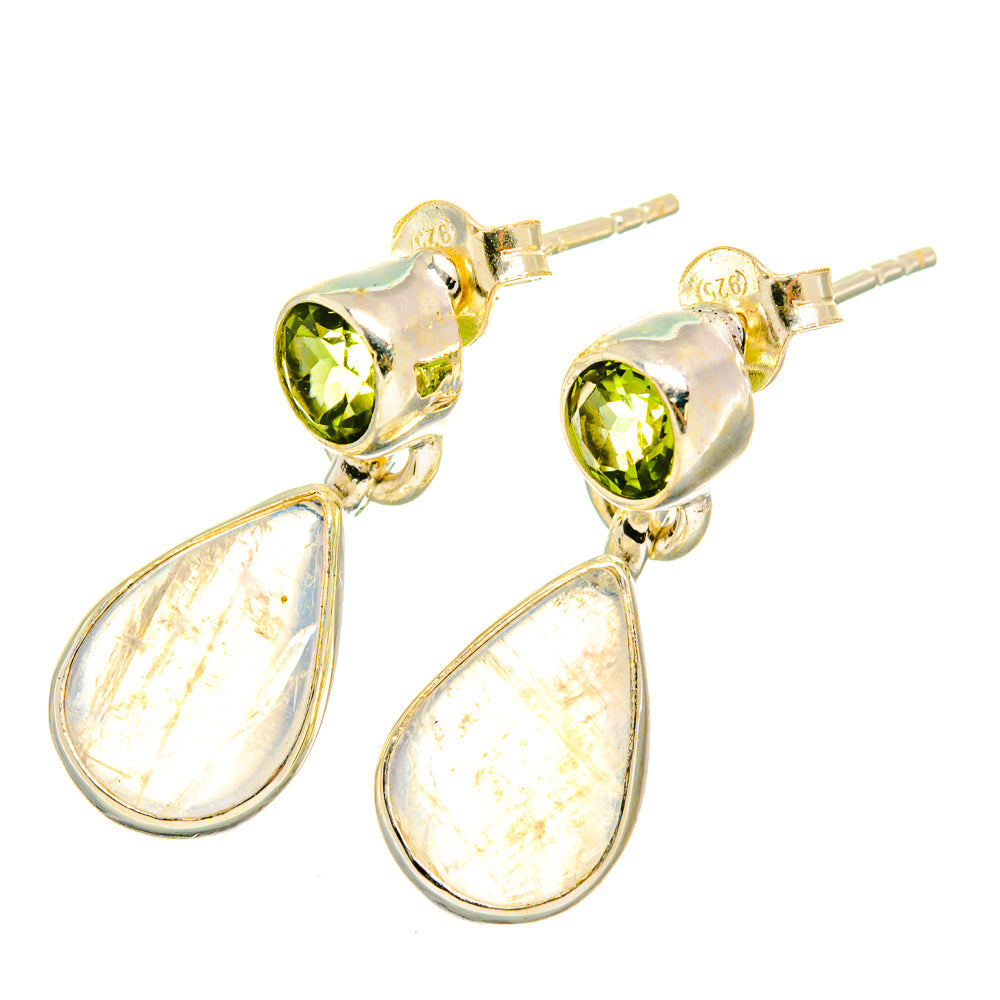 Sterling silver peridot and moonstone drop earrings with green round stones