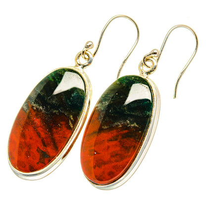 Bloodstone drop earrings with oval red-and-green stones and sterling silver French hooks