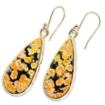 Ocean jasper teardrop earrings with 925 sterling silver hooks, mottled orange and black stone