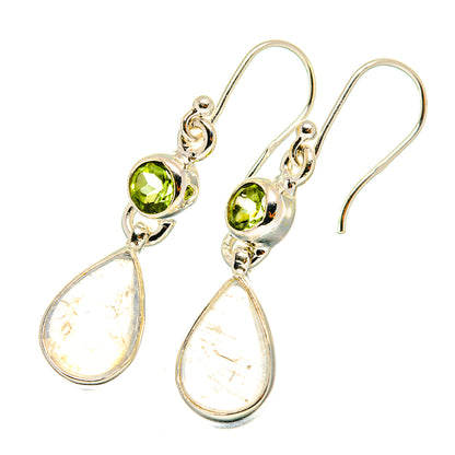 Sterling silver peridot and moonstone drop earrings, green rounds with pear-shaped iridescent drops