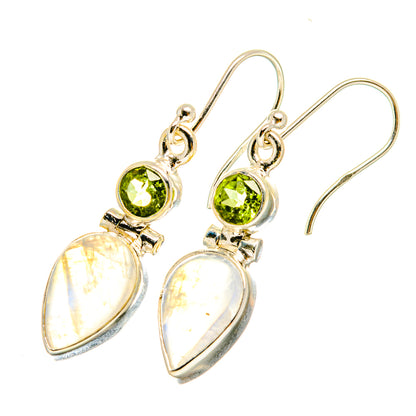 Sterling silver drop earrings: green peridot rounds with moonstone teardrops