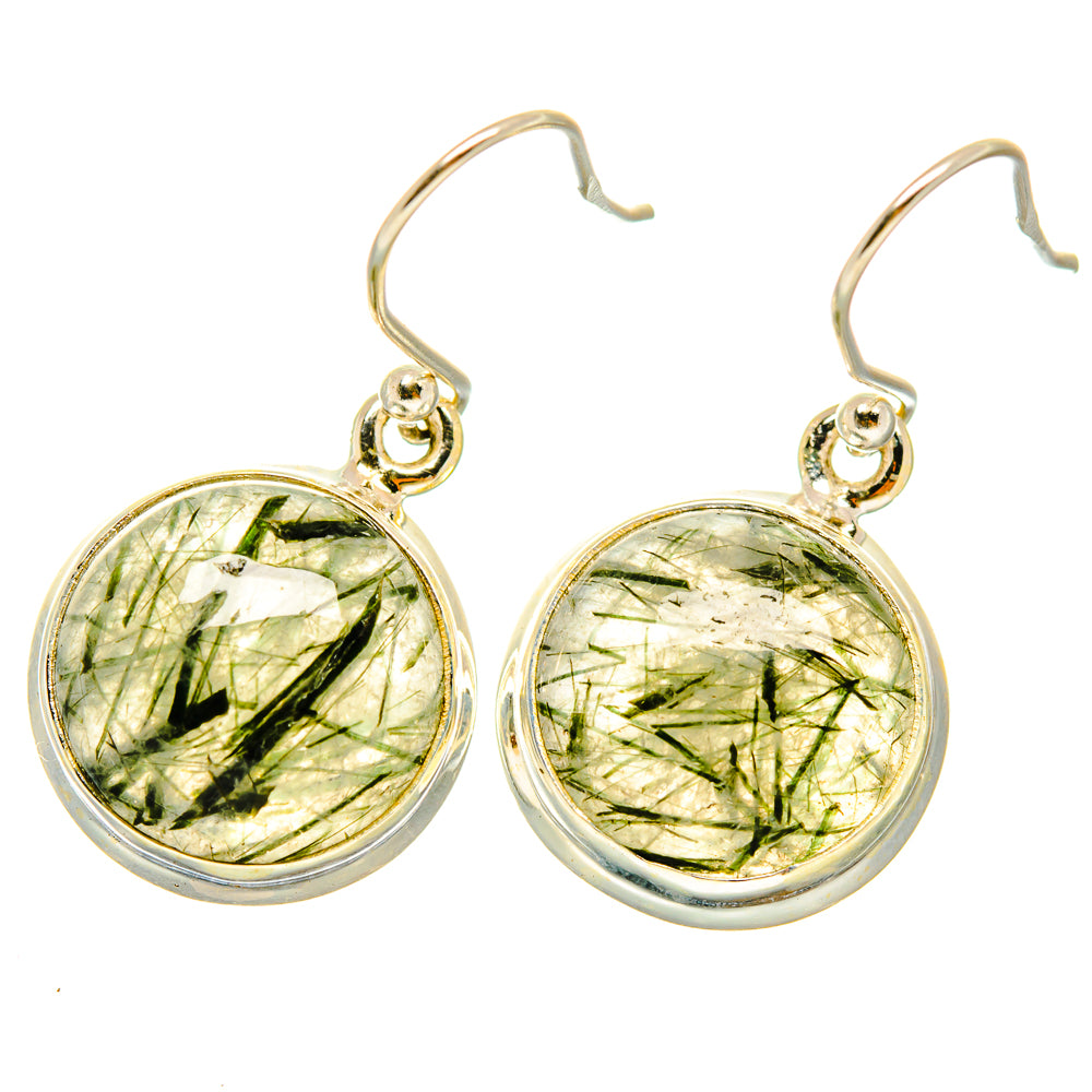 Pair of tourmalinated quartz earrings with round green cabochon and silver-tone fishhook