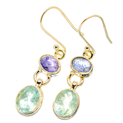 Silver-tone drop earrings with oval purple tanzanite and aqua chalcedony stones