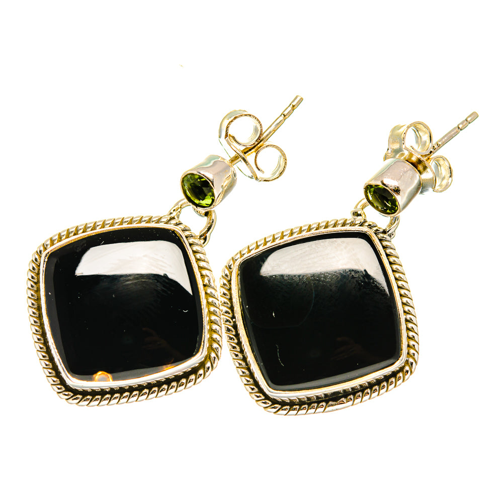 Gold-tone sterling silver earrings with black square onyx and green stone accents