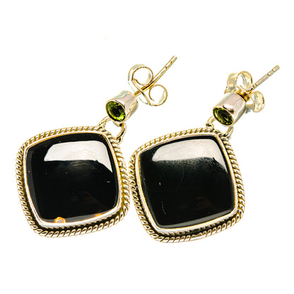 Gold-tone sterling silver earrings with black square onyx and green stone accents