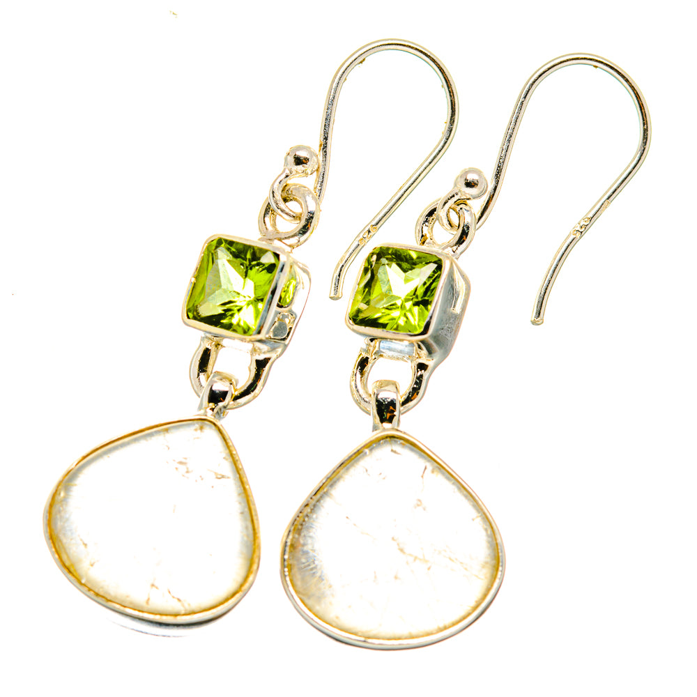 Sterling silver drop earrings with green peridot stones and white rutilated quartz drops