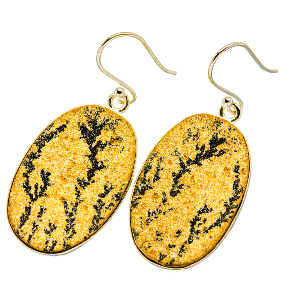 Dendrite oval earrings with yellow stone and black branching pattern, silver hooks