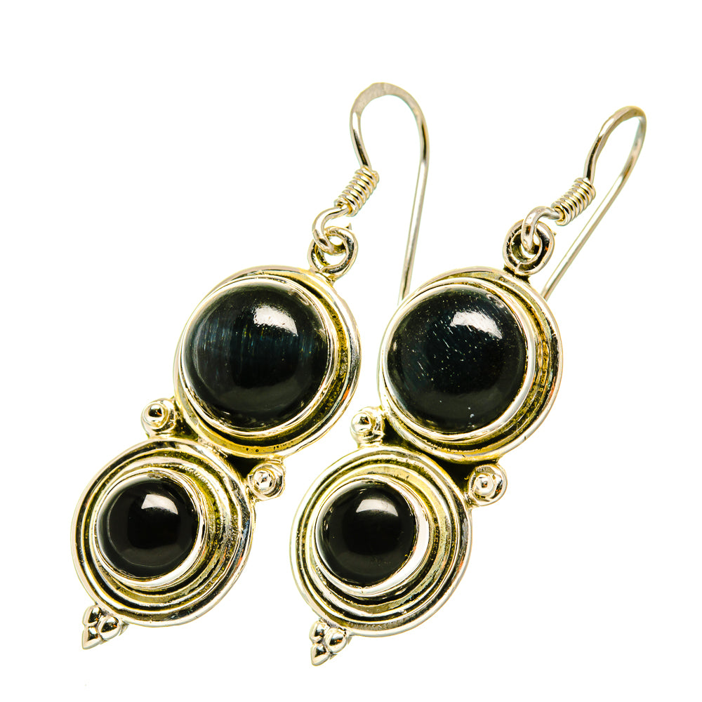 Round black onyx drop earrings with gold-tone circular frames and hook backs