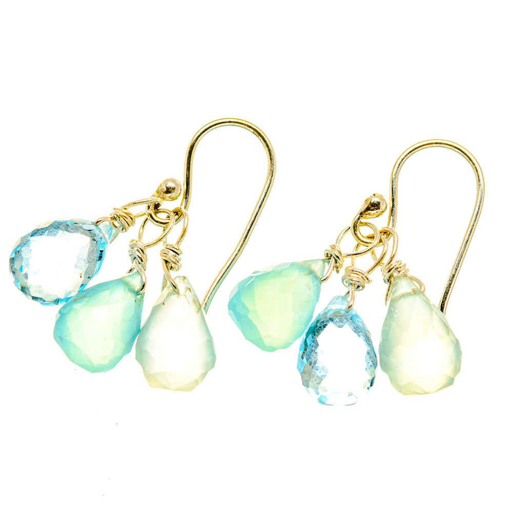 Gemstone drop earrings with aqua, green, and white teardrop stones and metal-tone hooks