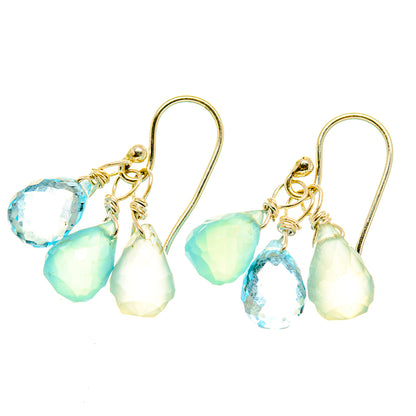 Gemstone drop earrings with aqua, green, and white teardrop stones and metal-tone hooks
