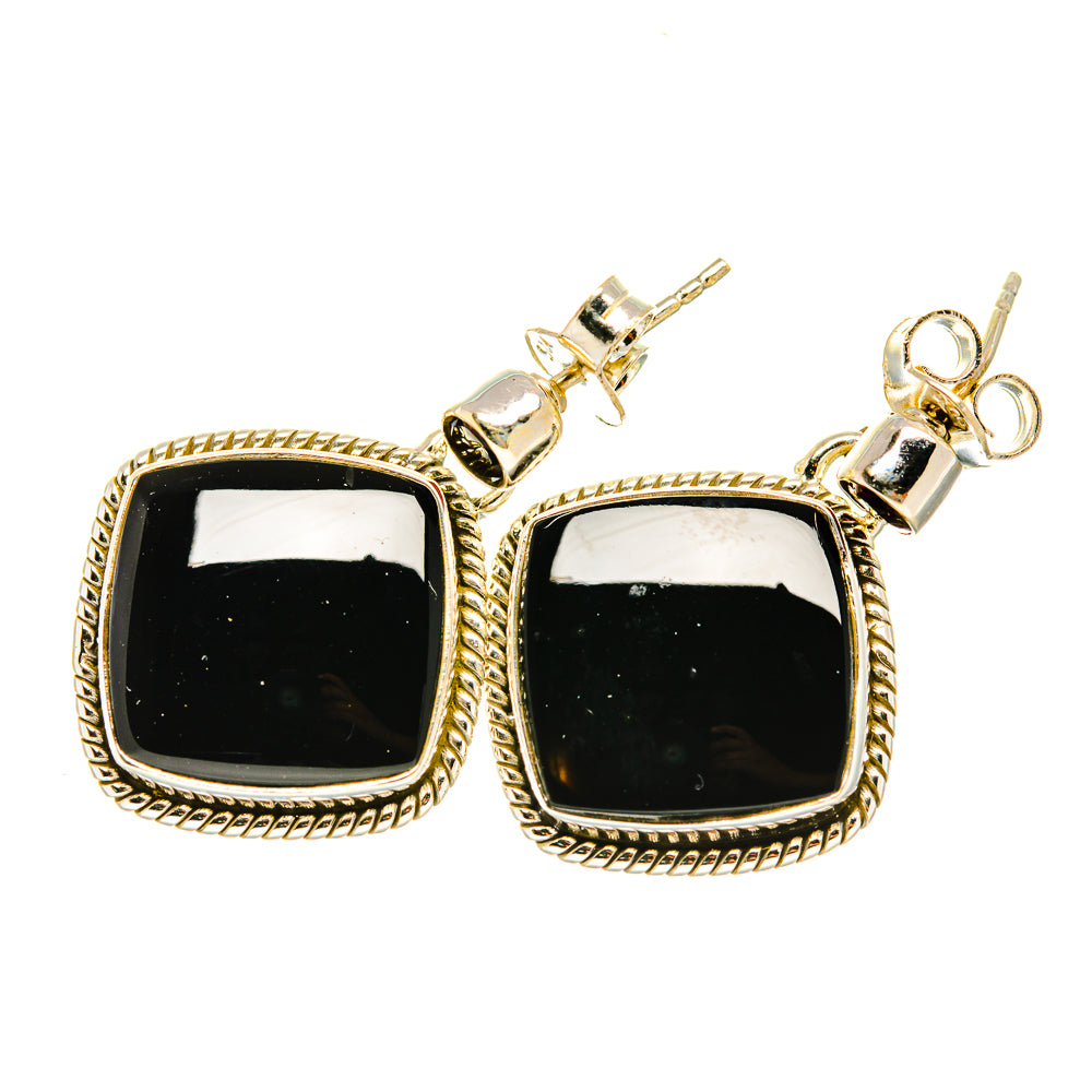 Black onyx stud earrings with square black stones, rope-edged frames, sterling silver posts