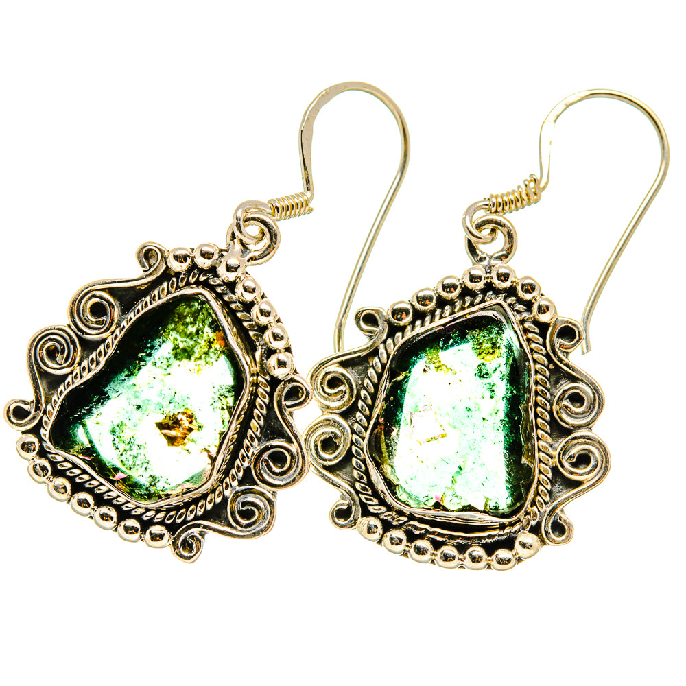 Sterling silver teardrop earrings with bright rough green tourmaline and scroll filigree border
