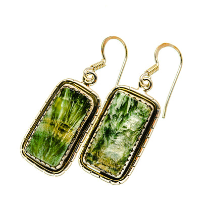 Seraphinite gemstone drop earrings with rectangular green stones, silver settings