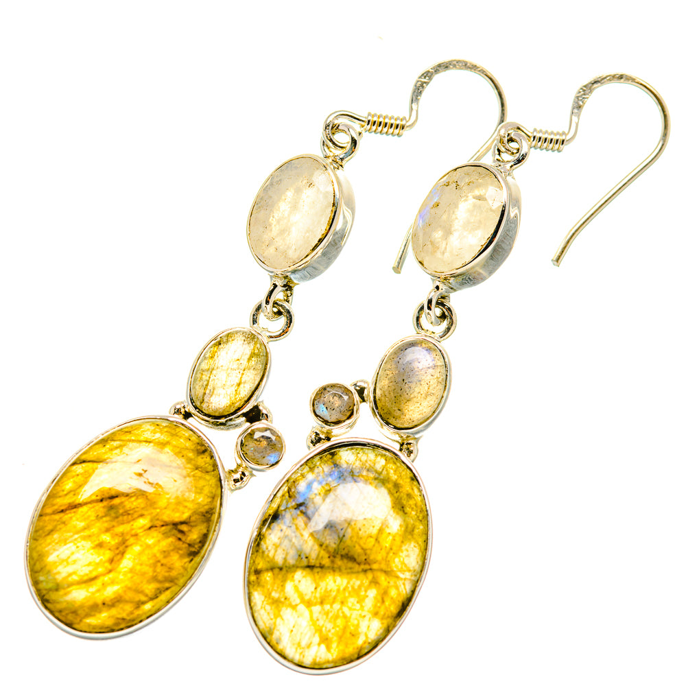 Labradorite and rainbow moonstone dangle earrings, 925 sterling silver, oval yellow stones